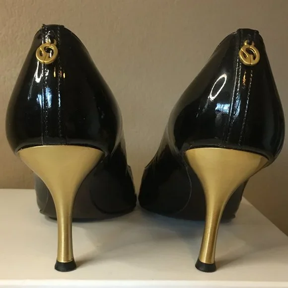 ST JOHN Black Soft Patent with Matte Gold Heel Pumps - Picture 6 of 15